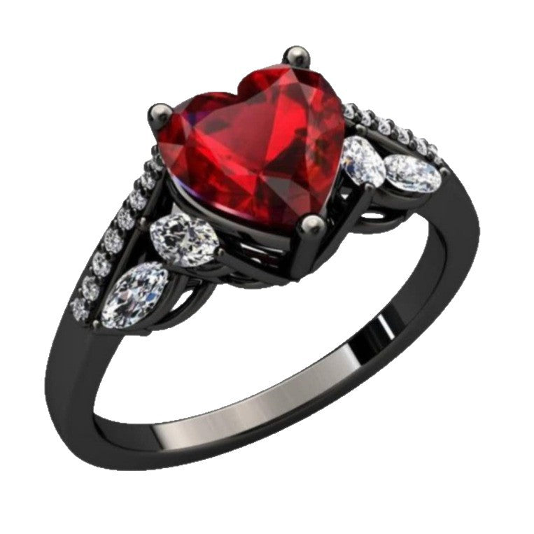 Gun-black Plated Crown Ring Inlaid With A Red Heart-shaped Diamond