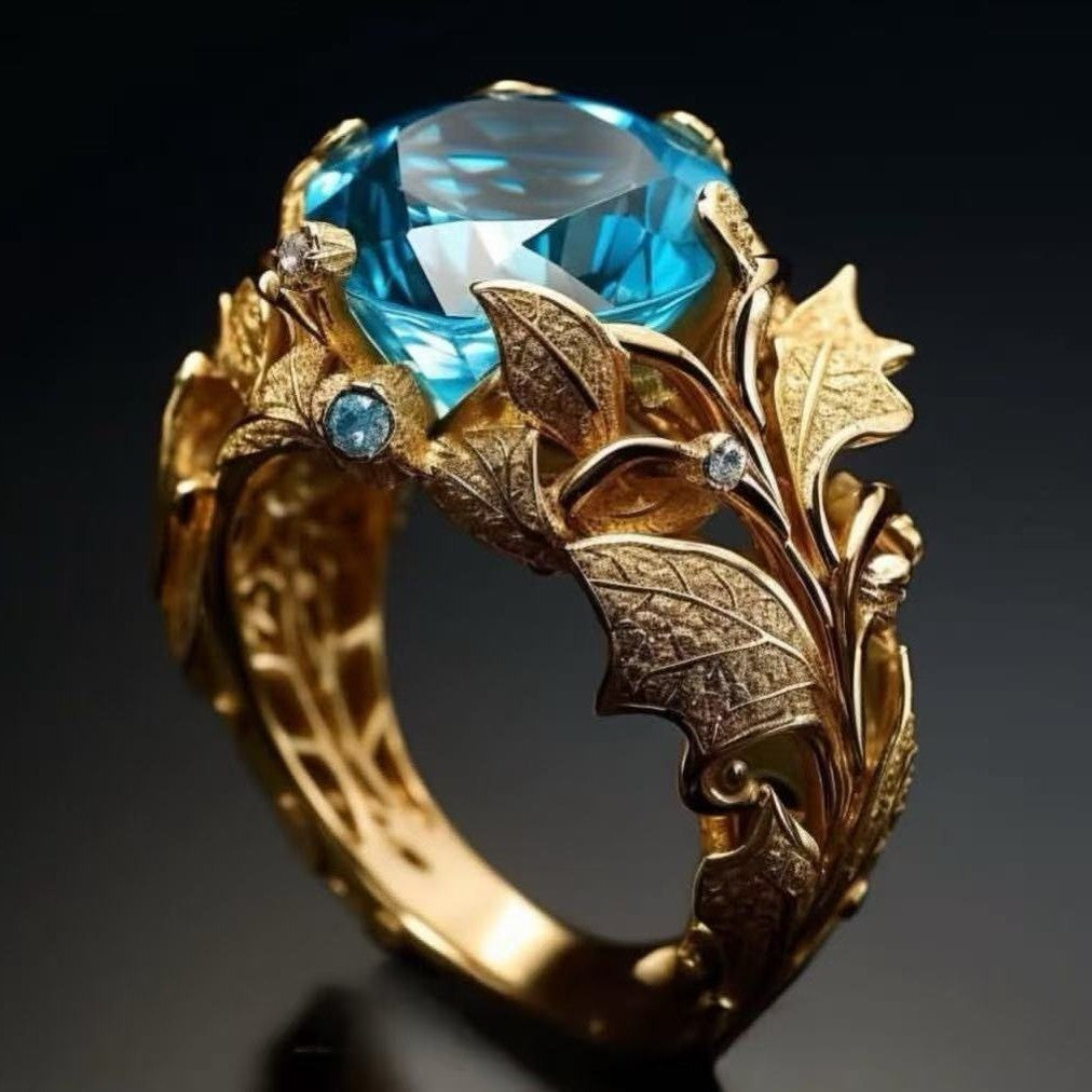 Women's Gold-Plated Ring With Alloy Inlay And Lake-Blue Center Stone