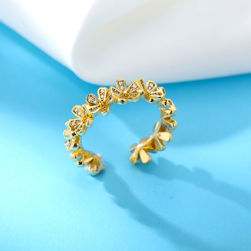 Open Mouth Index Finger Micro-inlaid Zirconia Petal Forest-style Small Flower Ring